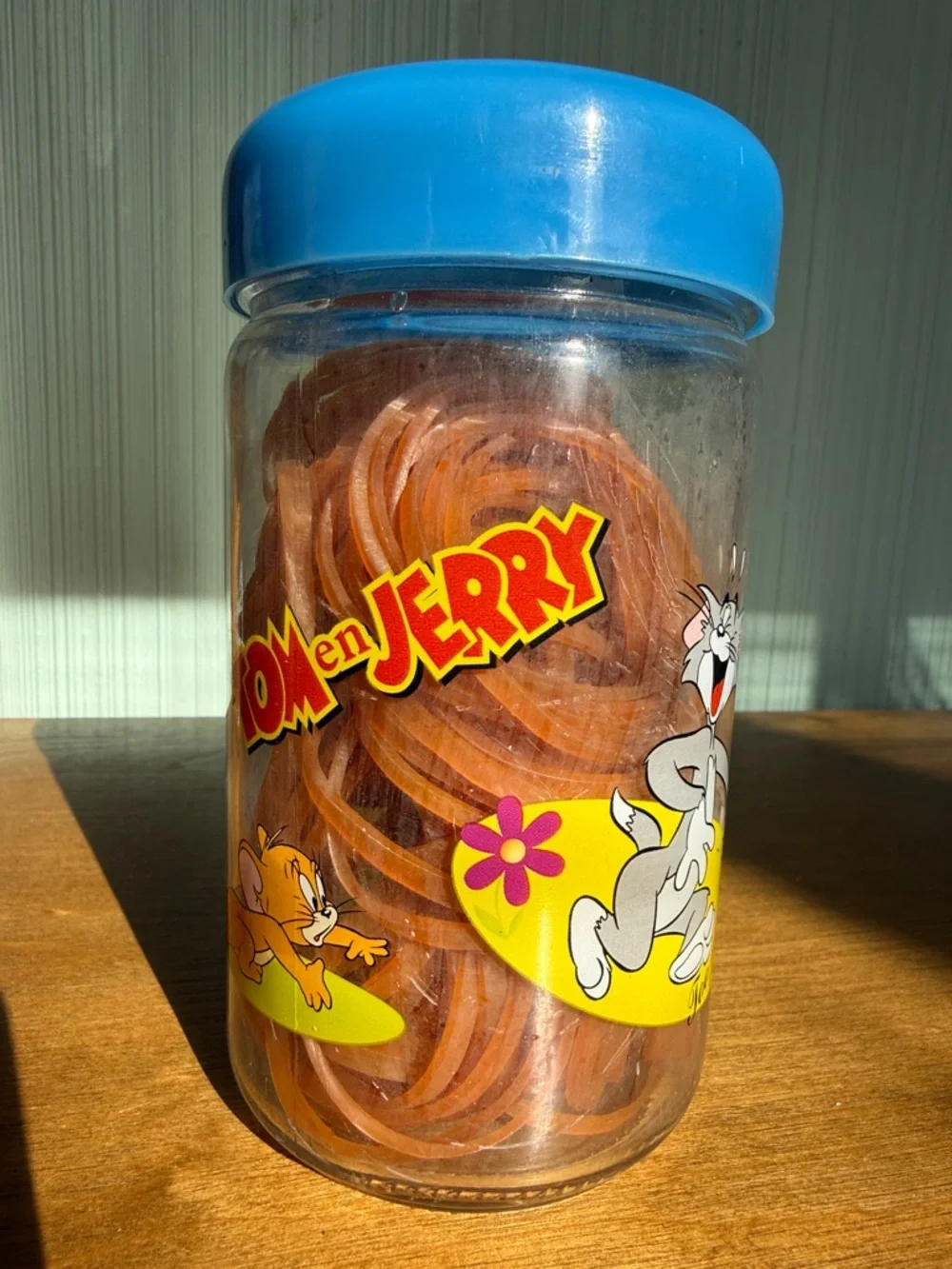 Quirky Retro Oddball Vintage Floral Cartoon Tom & Jerry Storage Jar w/ Blue Lid